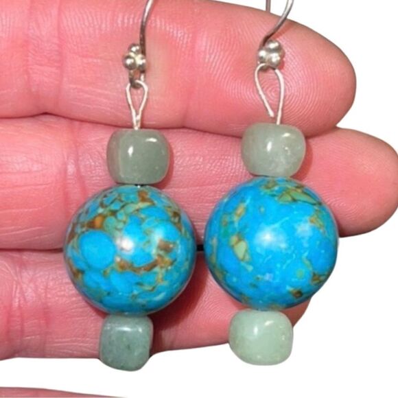 Vintage Genuine Kingman Turquoise & Aventurine Stone Sterling Drop Earrings - Picture 1 of 6